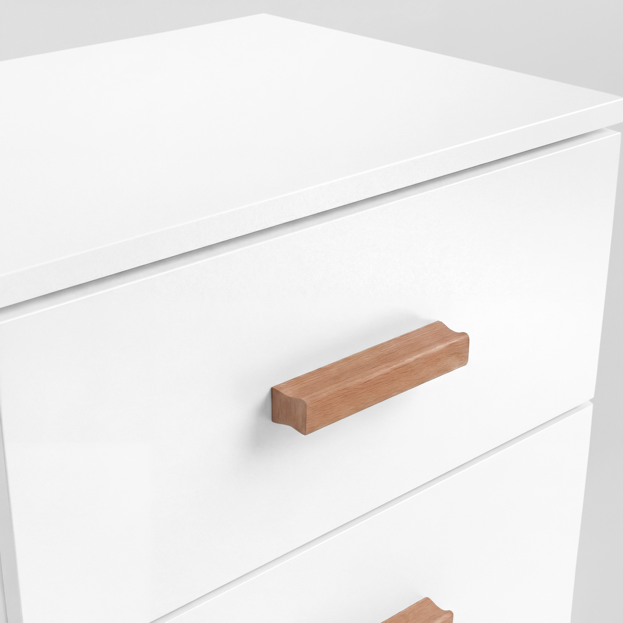 White two drawer plain bedside cabinet with a flat top surface and centered wooden handles