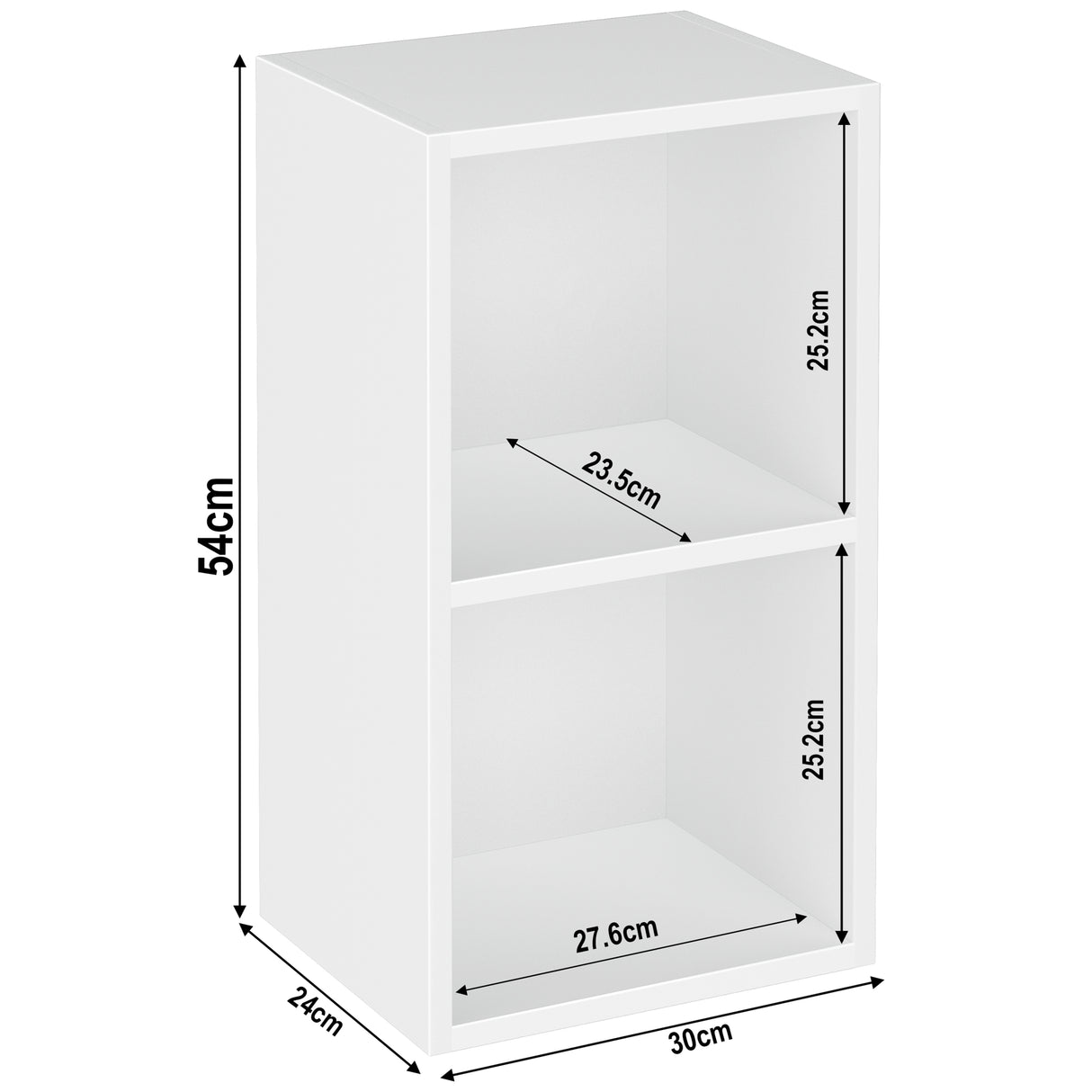 2 tier white cube storage unit dimensions: height 54 cm and width: 30 cm. Shelf dimensions: height 25.2 cm and 23.5 cm.