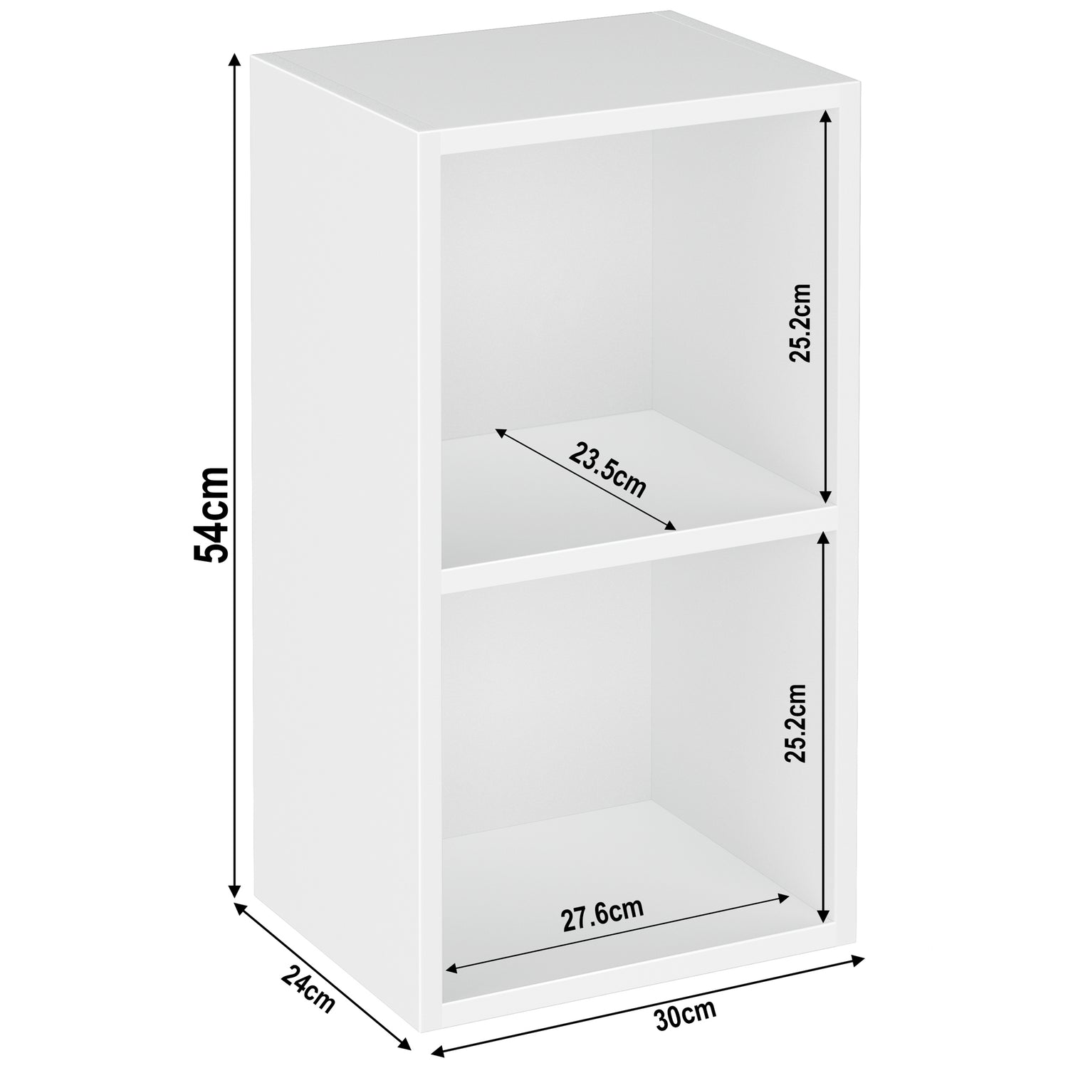 2 tier white cube storage unit dimensions: height 54 cm and width: 30 cm. Shelf dimensions: height 25.2 cm and 23.5 cm.