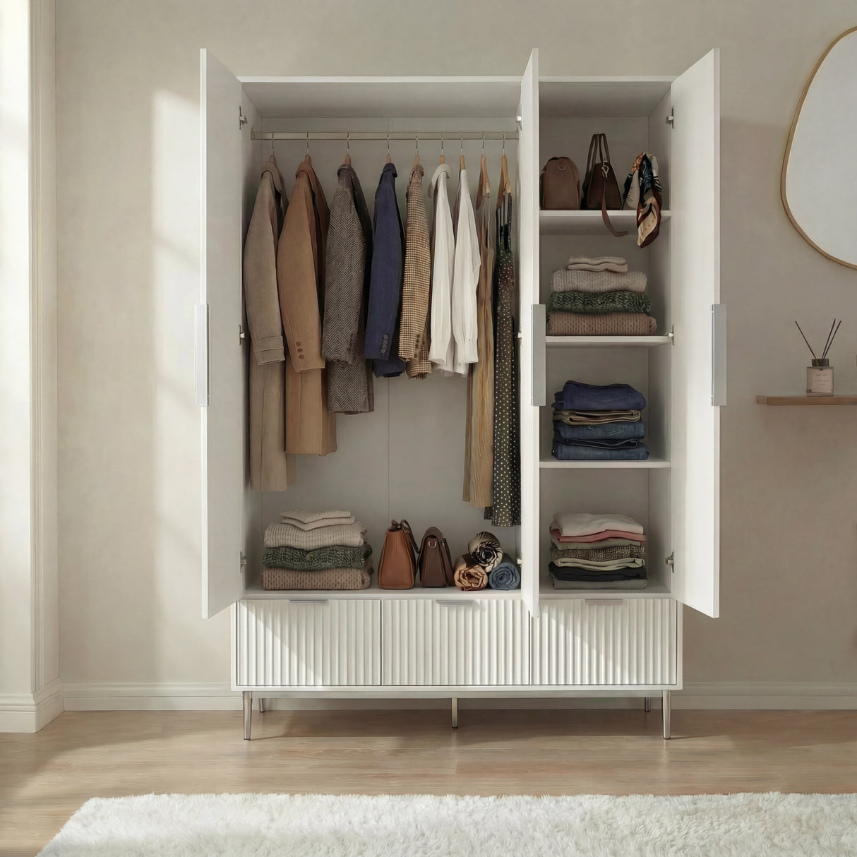 White wardrobe interior layout with hanging rail, shelving compartments, and base three drawers