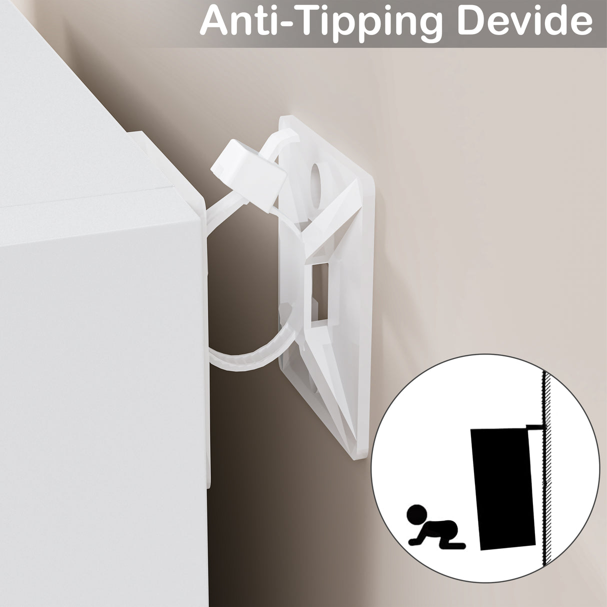 anti-tip device shown on white 3 tier bookshelf, ensuring stability and safety in busy homes