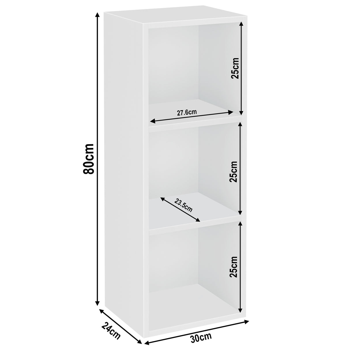 measurement details of 3 tier white slim bookcase, height 80cm and width 30cm. Shelf dimensions: height 25cm and depth 23.5cm