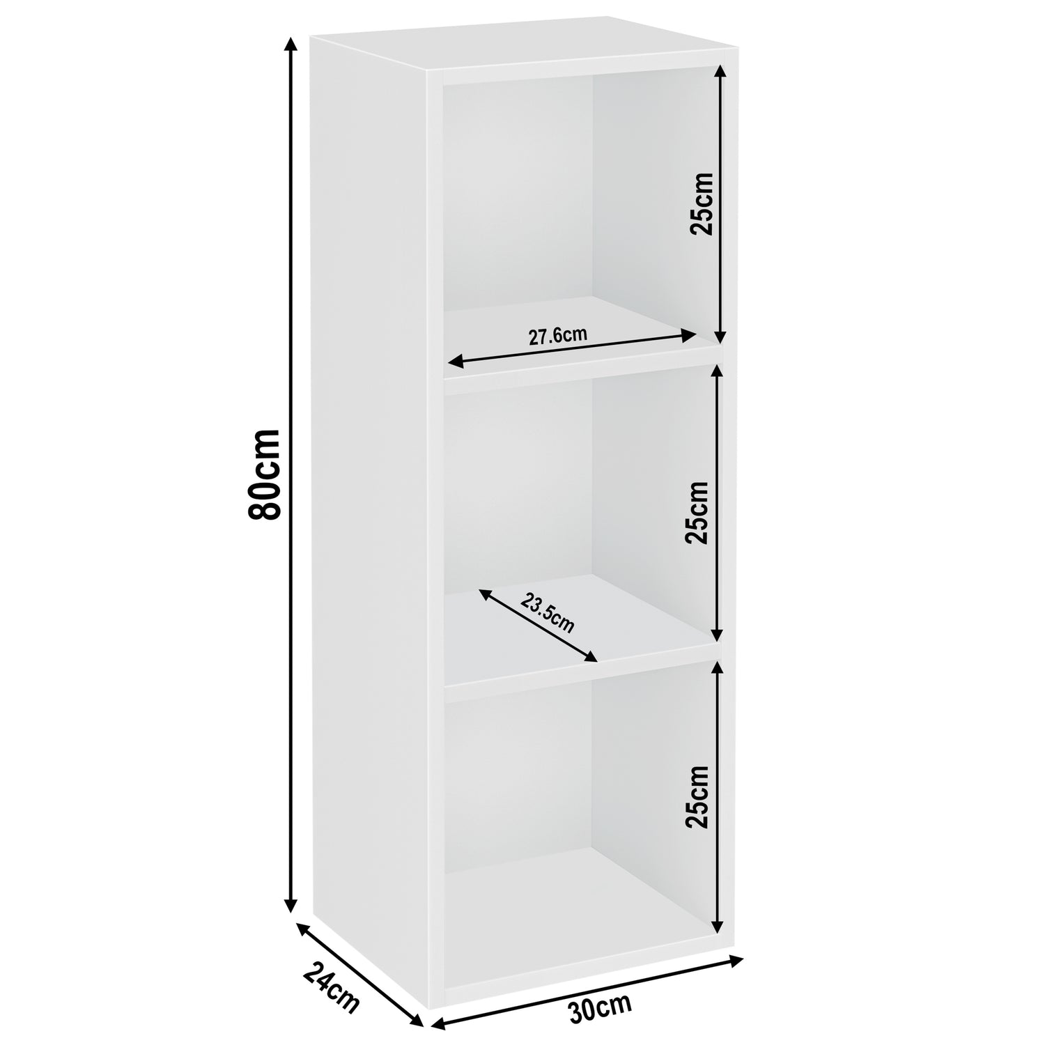 measurement details of 3 tier white slim bookcase, height 80cm and width 30cm. Shelf dimensions: height 25cm and depth 23.5cm