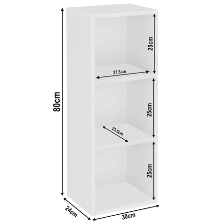 measurement details of 3 tier white slim bookcase, height 80cm and width 30cm. Shelf dimensions: height 25cm and depth 23.5cm