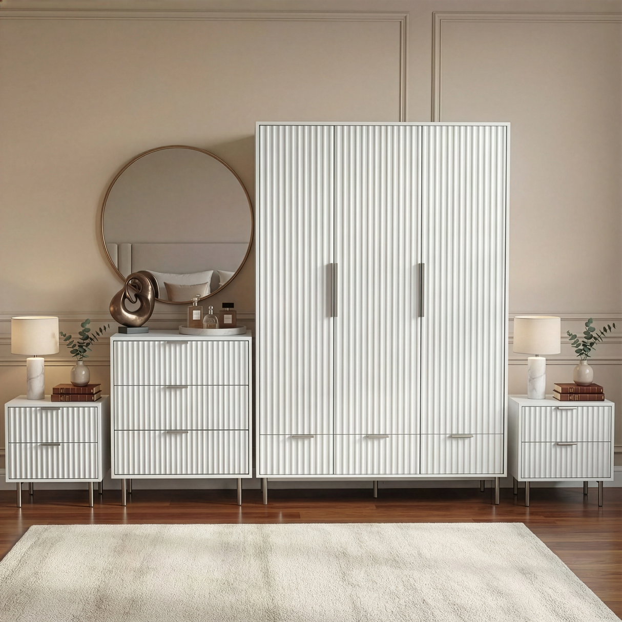 White four piece bedroom furniture set, including a wardrobe, dresser, and two bedside tables, placed in a room