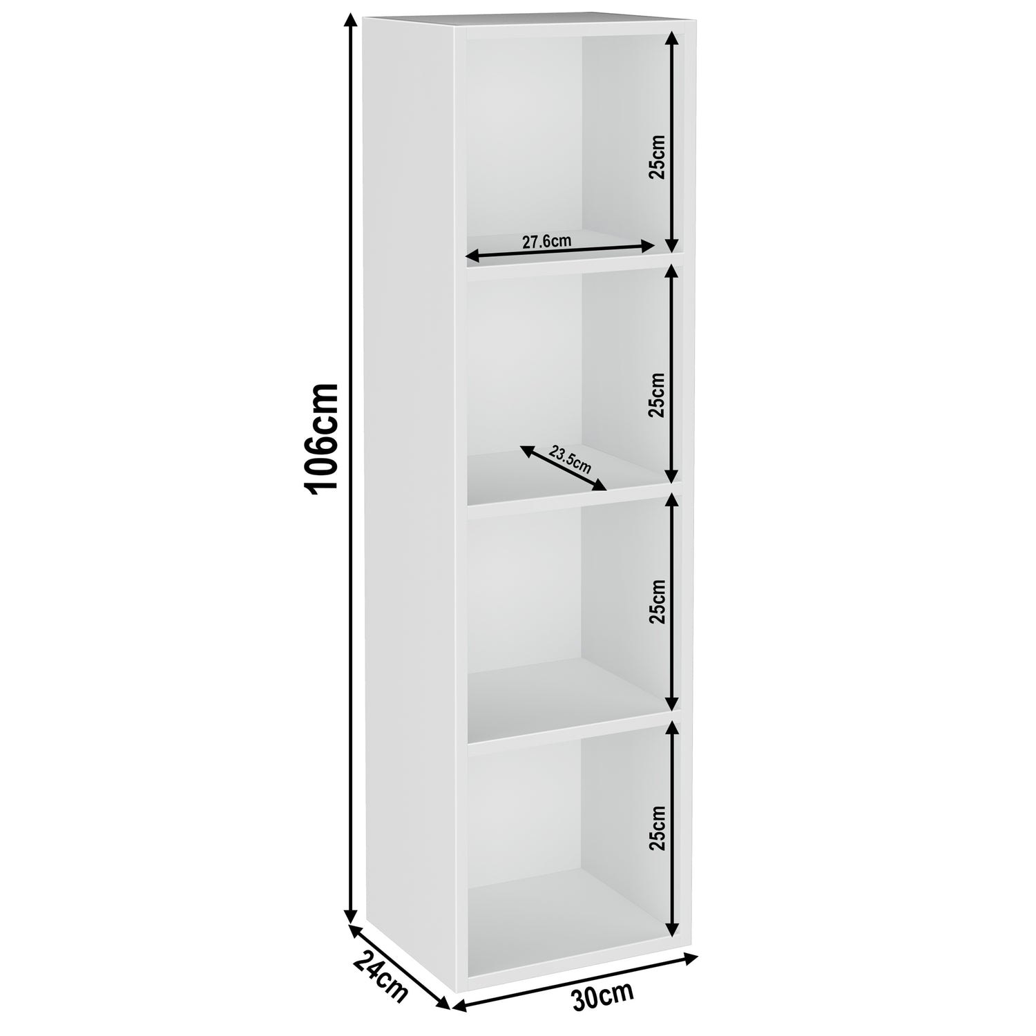 Dimensions of 4 tier white book shelves height 106cm and width 30cm. Shelf dimensions: height 25cm and depth 23.5cm