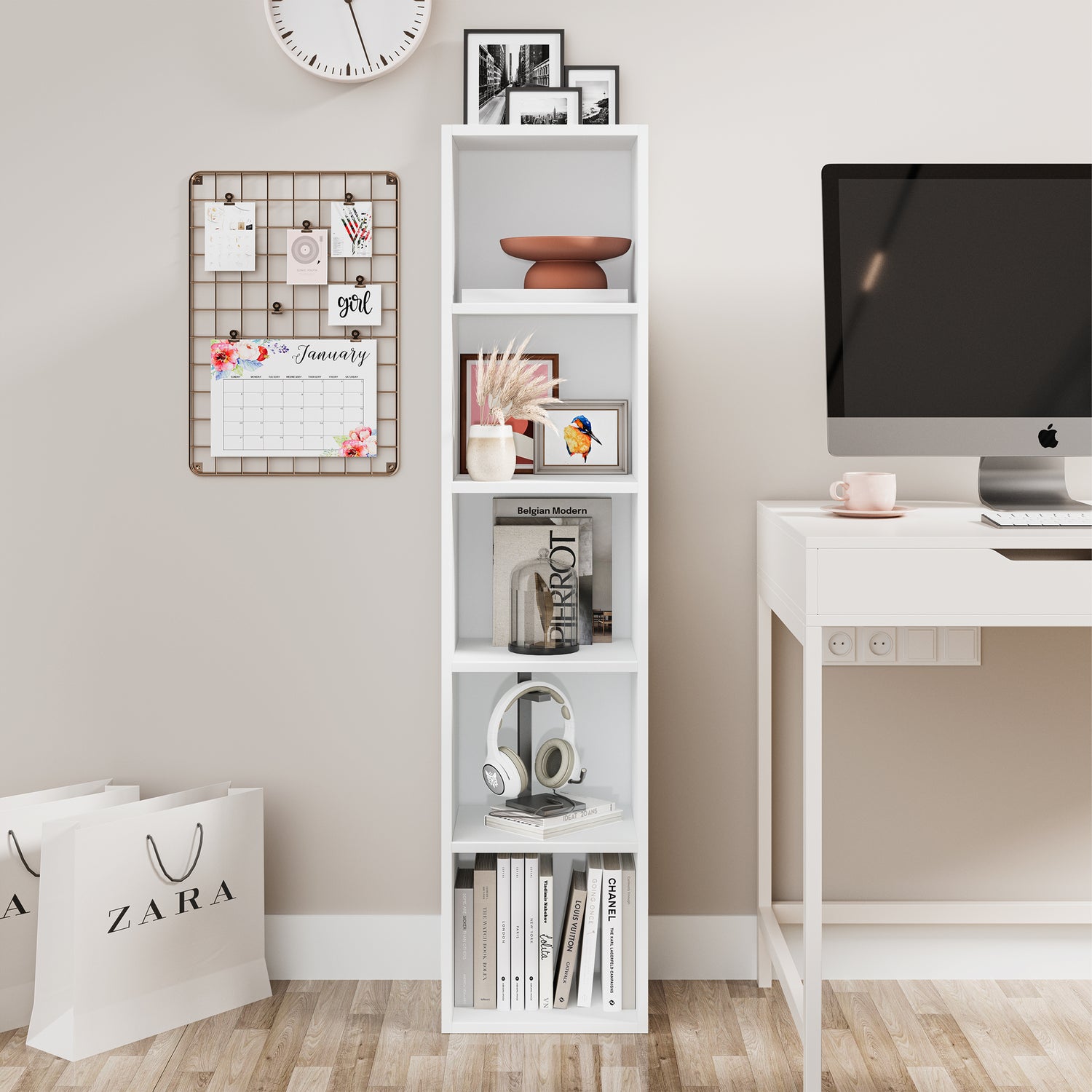 front view of white cube shelves neatly organized with books and small decorative items