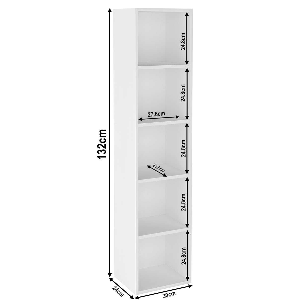 Dimensions of 5 tier white cube shelving unit, height 132cm and width 30cm. Shelf dimensions: height 25cm and depth 23.5cm