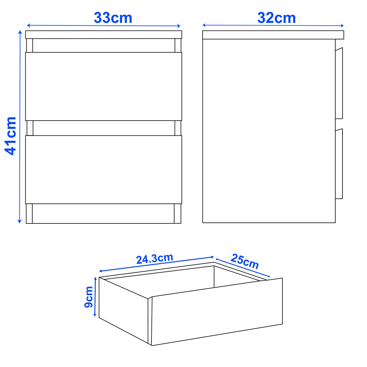 Dimensions of a kitchen cabinet, drawer, and shelf on a white background