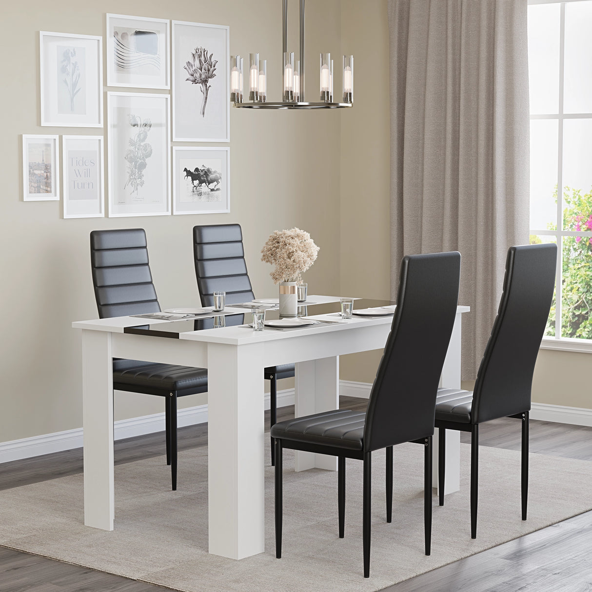minimalist room with black dining room chairs set 4 paired with white and gloss black table top