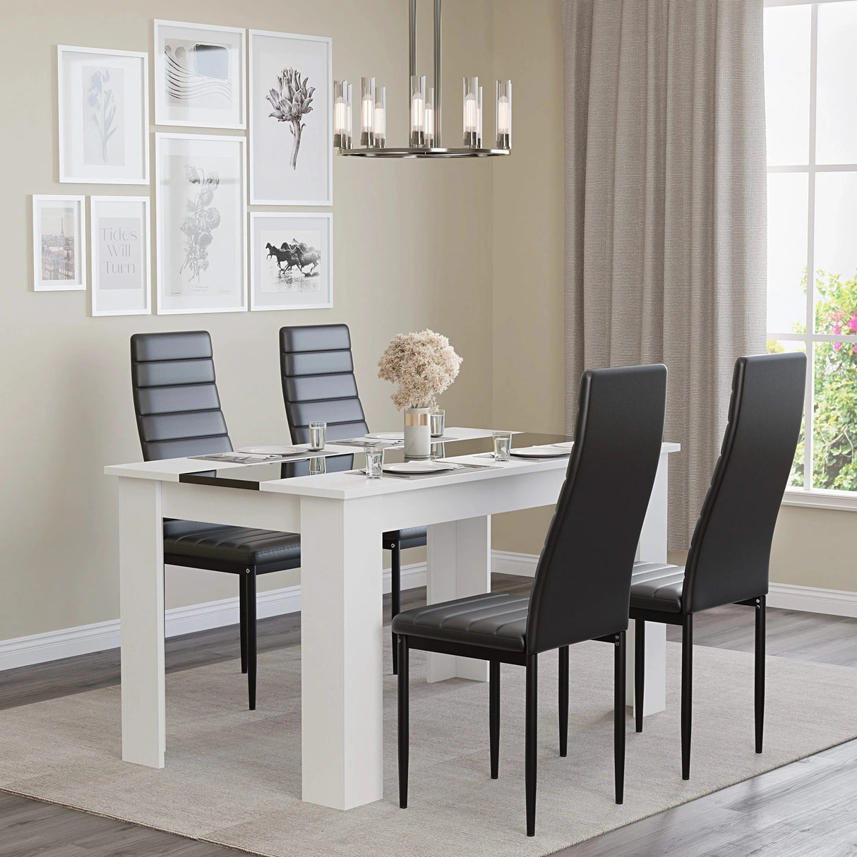 minimalist room with black dining room chairs set 4 paired with white and gloss black table top