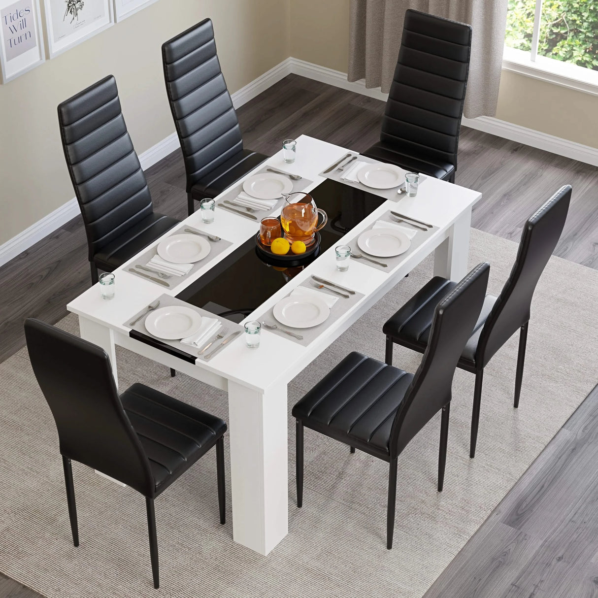 top-down view of dining table and chairs 6 with white and glossy black strip table and black chairs set