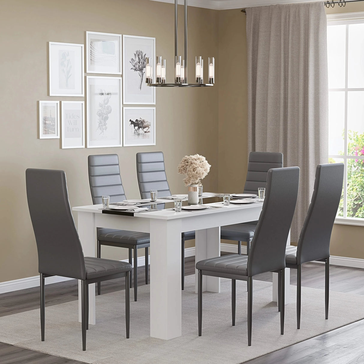 sleek dining table and 6 chairs in gloss white and black strip with grey leather seating