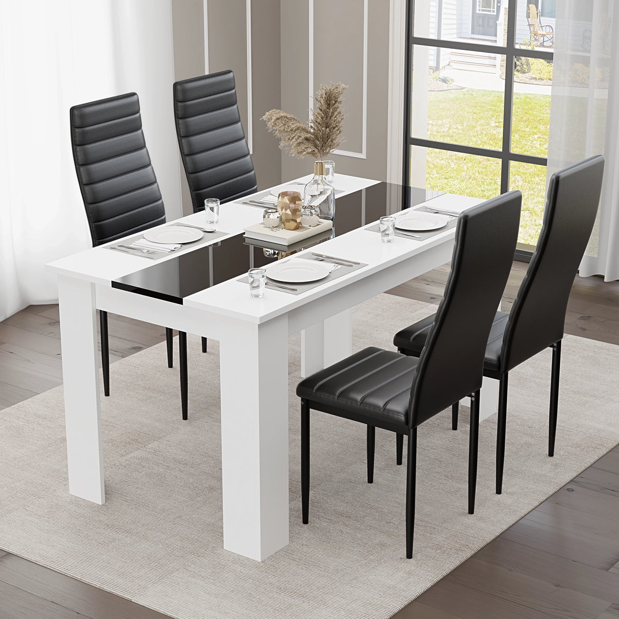 modern small dining table and 4 chairs set with white gloss and black strip, black PU leather seats