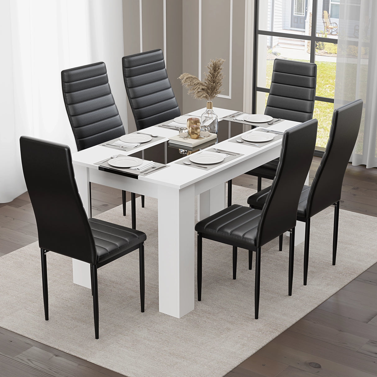 outdoor-inspired garden table and chairs with black gloss and white dining table and black leather chairs