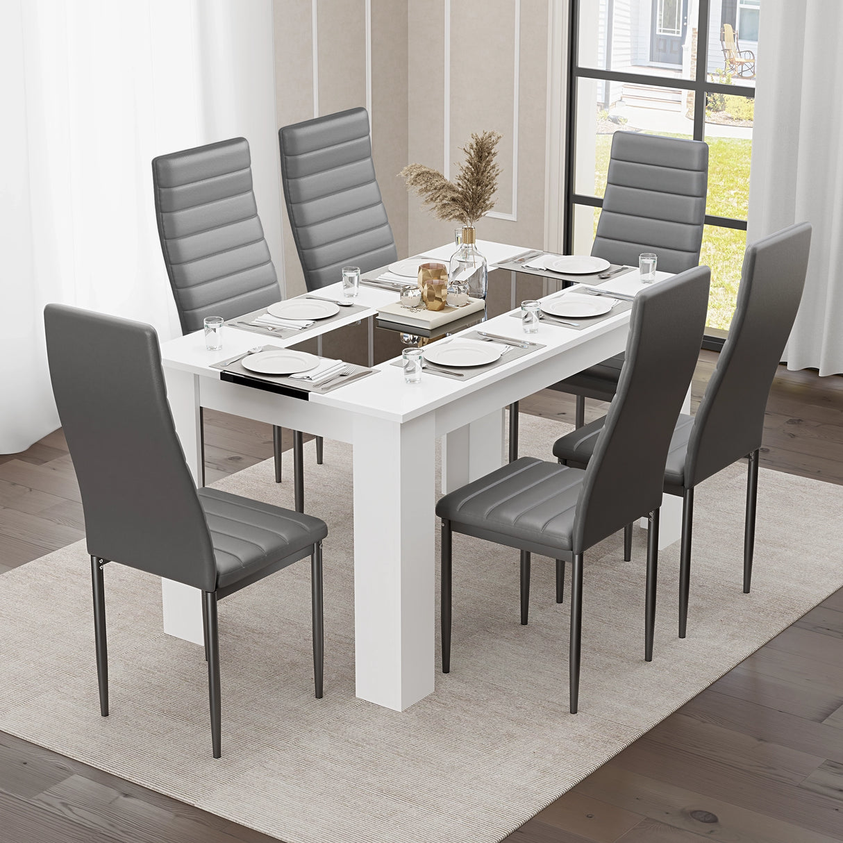 minimalist dining tables and 6 chairs set featuring white gloss table with black strip and grey chairs