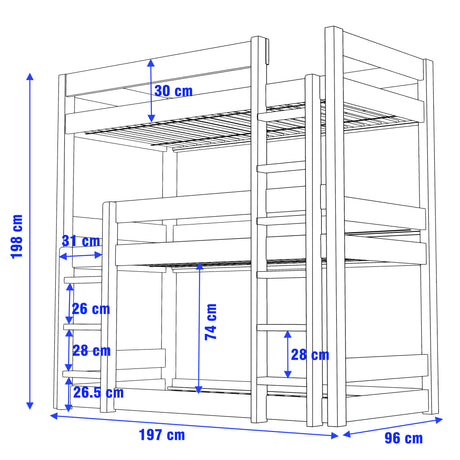 dark grey bunk beds dimension: Height 198cm, width 96cm, and length 197 cm, with 74cm distance between bunks.