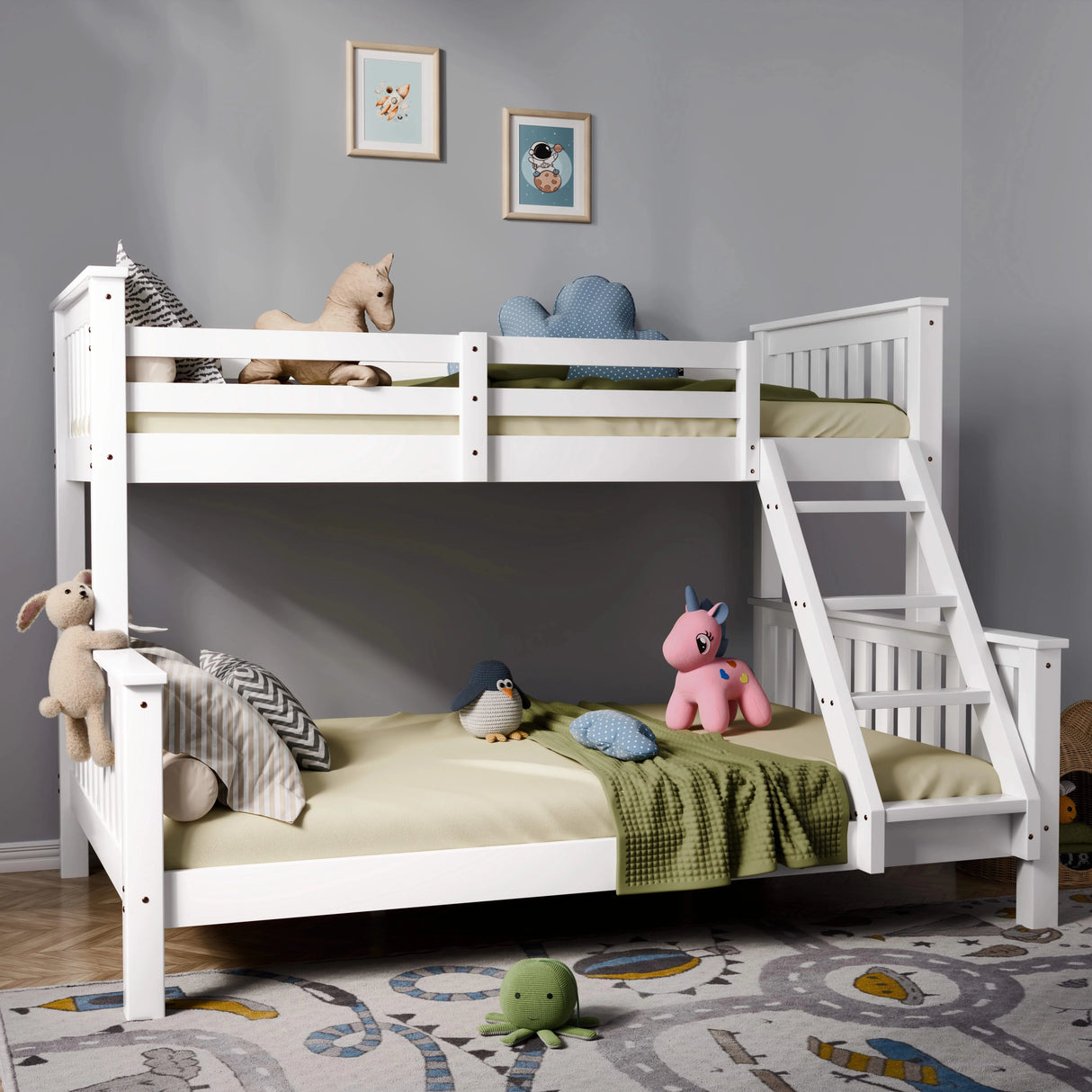 White bunk bed with colorful toys placed against a grey wall in a bright, cosy child's room