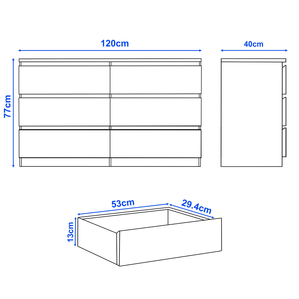 Dimensions of a kitchen cabinet with shelves and drawers on a white background