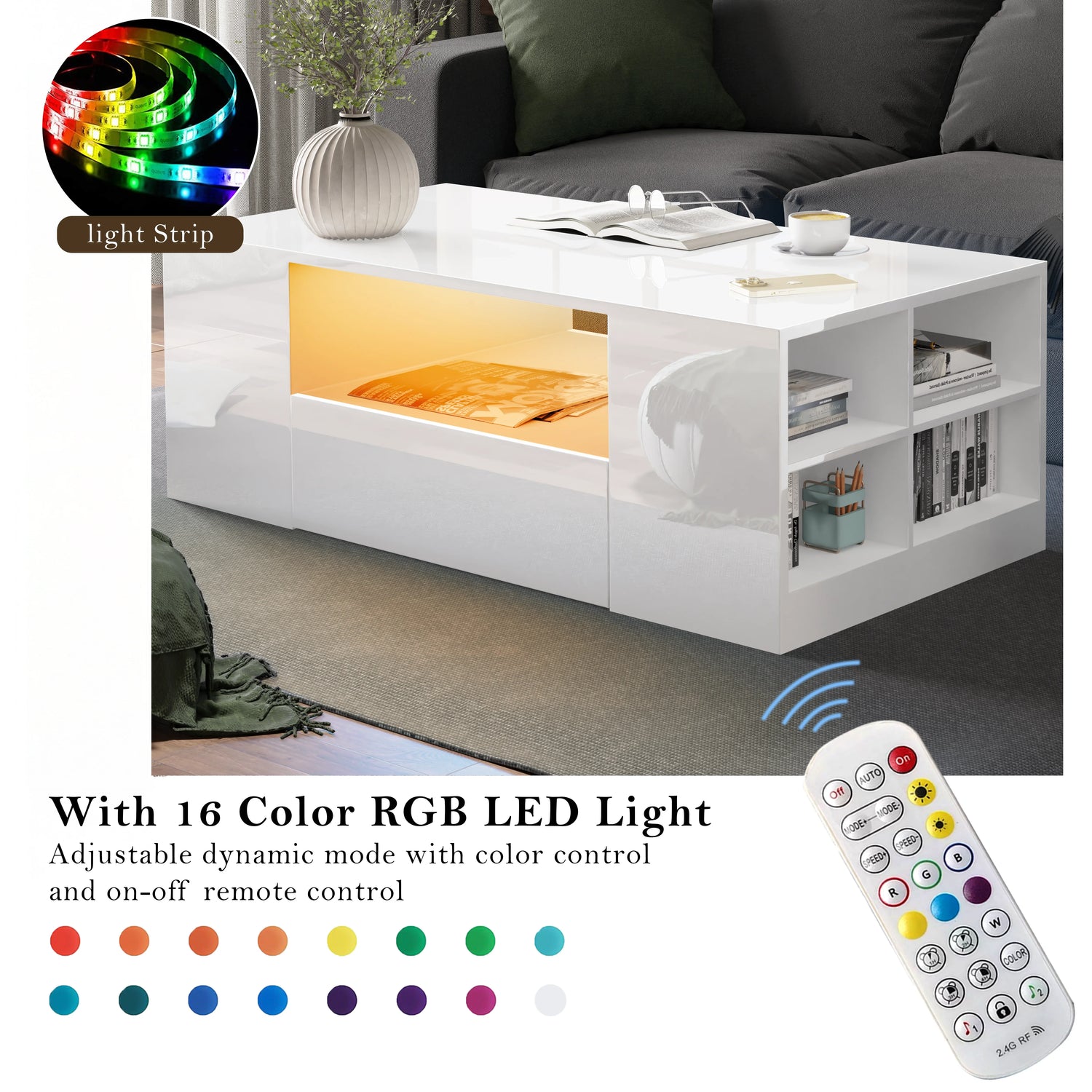 Led Coffee Table with Storage Drawers in high gloss white finish featuring 16-color RGB LED lights and remote control, ideal for modern living rooms.