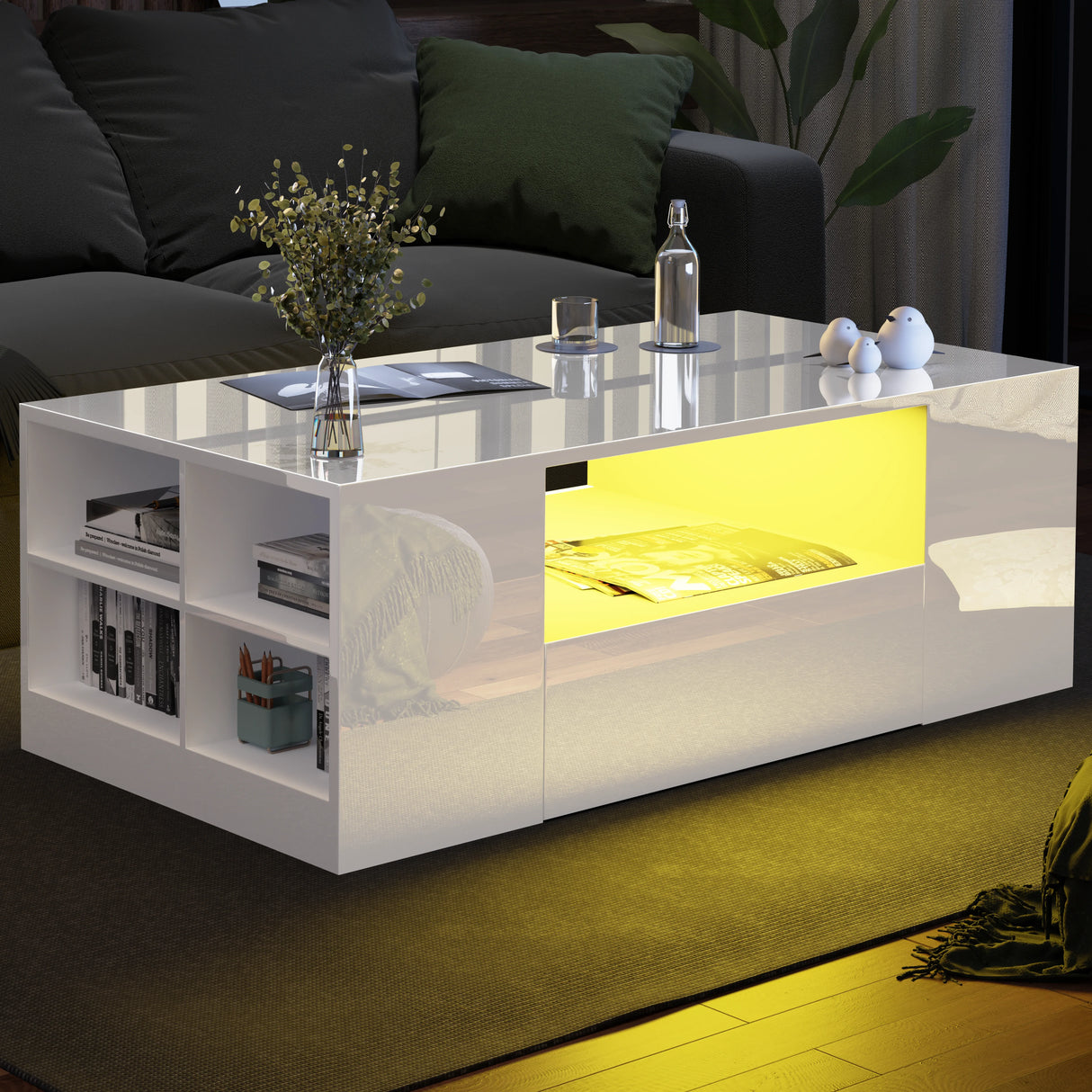 Modern coffee table with LED lighting in a living room setting