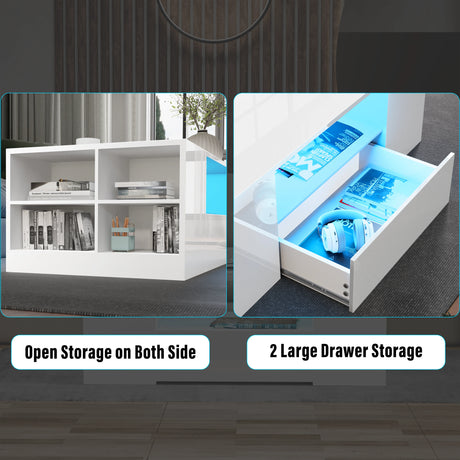 White storage unit with open shelves and drawers on a dark background