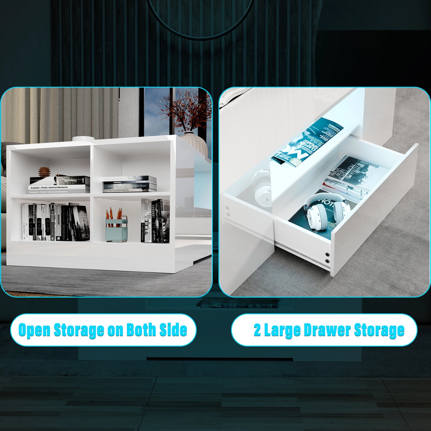 White storage unit with open shelves and a drawer, featuring text 'Open Storage on Both Side' and '2 Large Drawer Storage'.