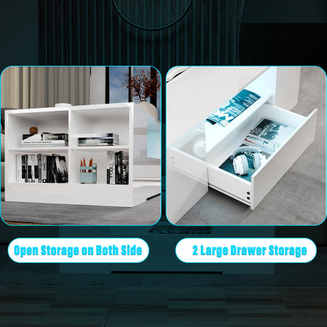 White storage unit with open shelves and a drawer, featuring text 'Open Storage on Both Side' and '2 Large Drawer Storage'.