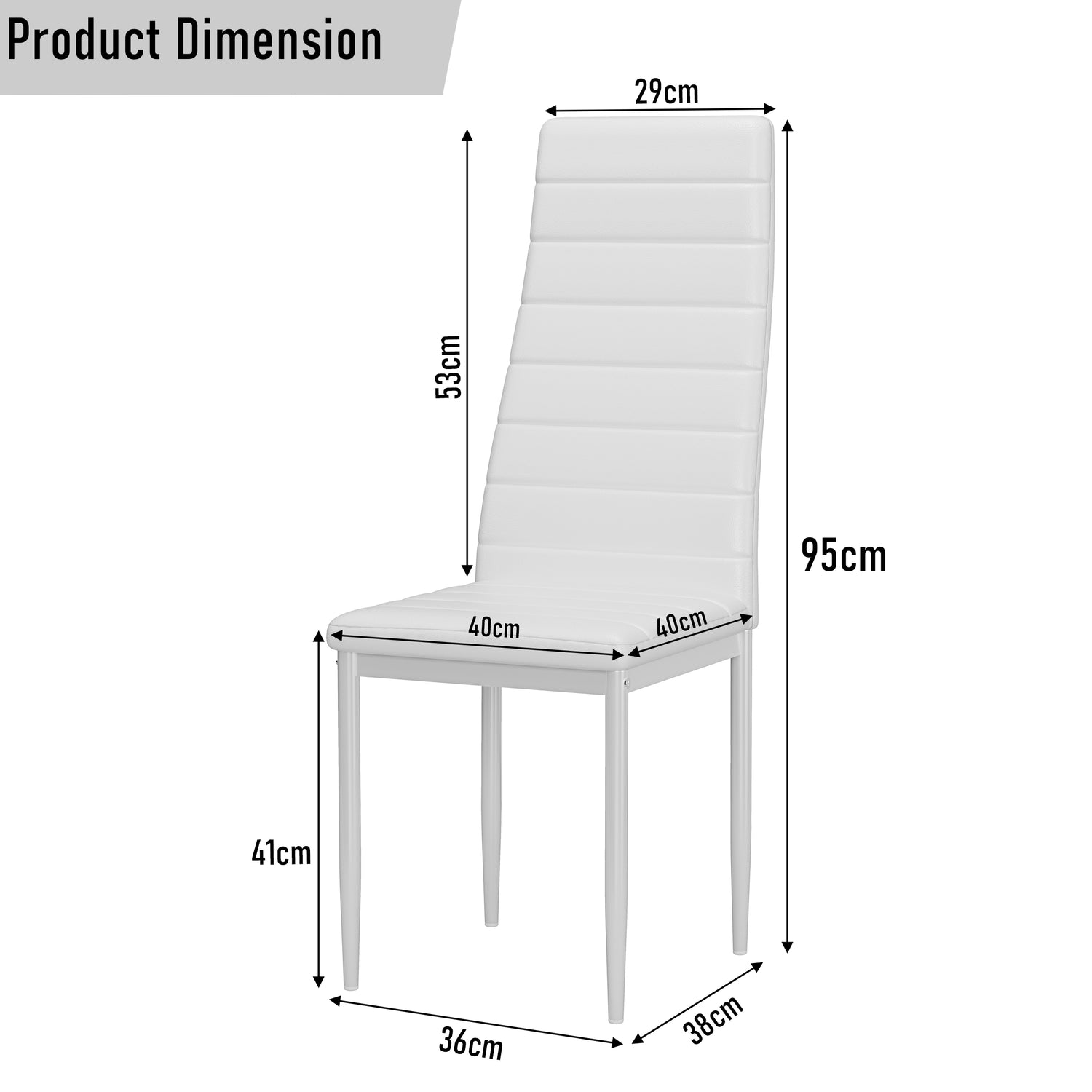 White dining table chairs with 95 cm height and 40 x 40 cm padded seats, complementing a black marble high gloss dining table