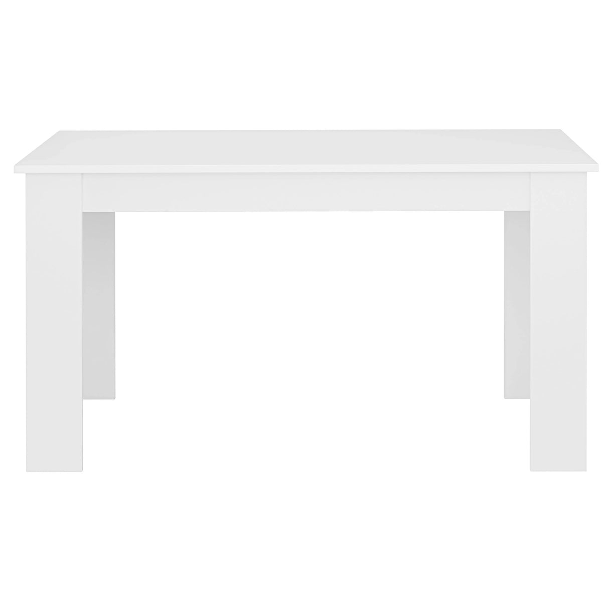 Front view of white rectangular dining table for 4 to 6 people, perfect for bright and clean dining room aesthetics.
