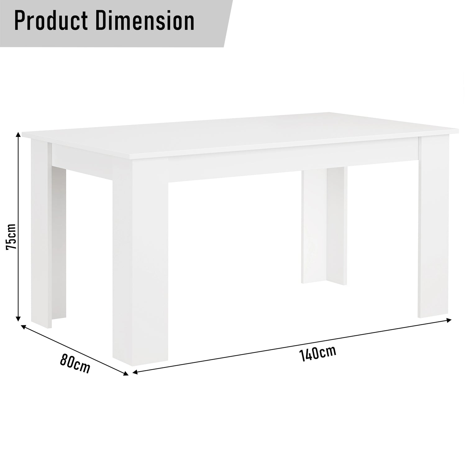 Product dimensions of the 6-seater white dining table: 140cm length, 80cm width, 75cm height. Ideal for family meals.