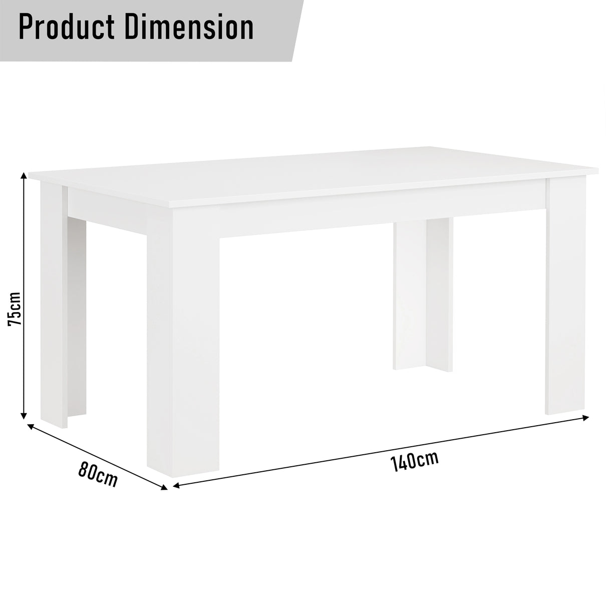 Product dimensions of the 6-seater white dining table: 140cm length, 80cm width, 75cm height. Ideal for family meals.