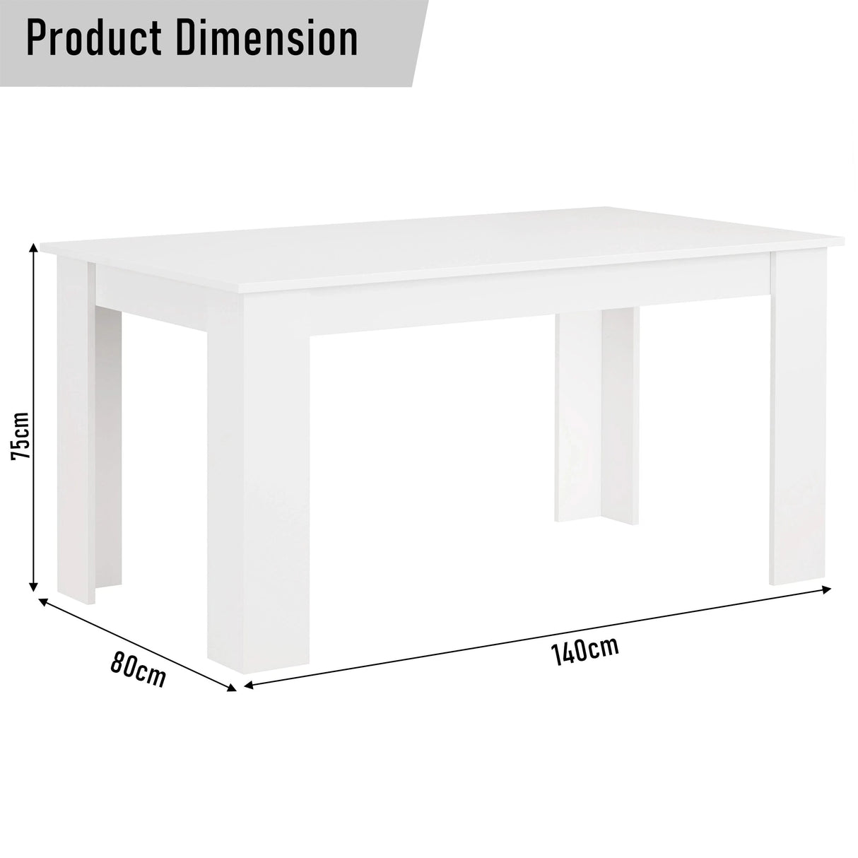 140cm white dining table with 75cm height and 80cm depth, space-saving design for modern kitchens and dining rooms.