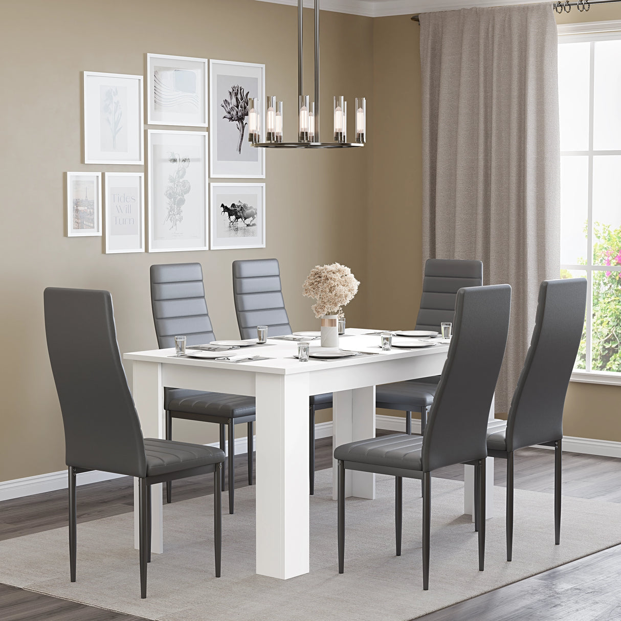 Grey dining chairs with white table set for 6 in a modern dining room. Ideal for stylish family dining spaces.