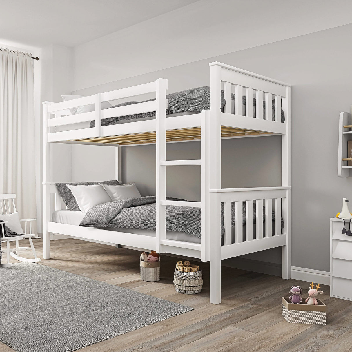 Modern white double bunk beds frame for kids with grey bedding placed against a neutral colour wall
