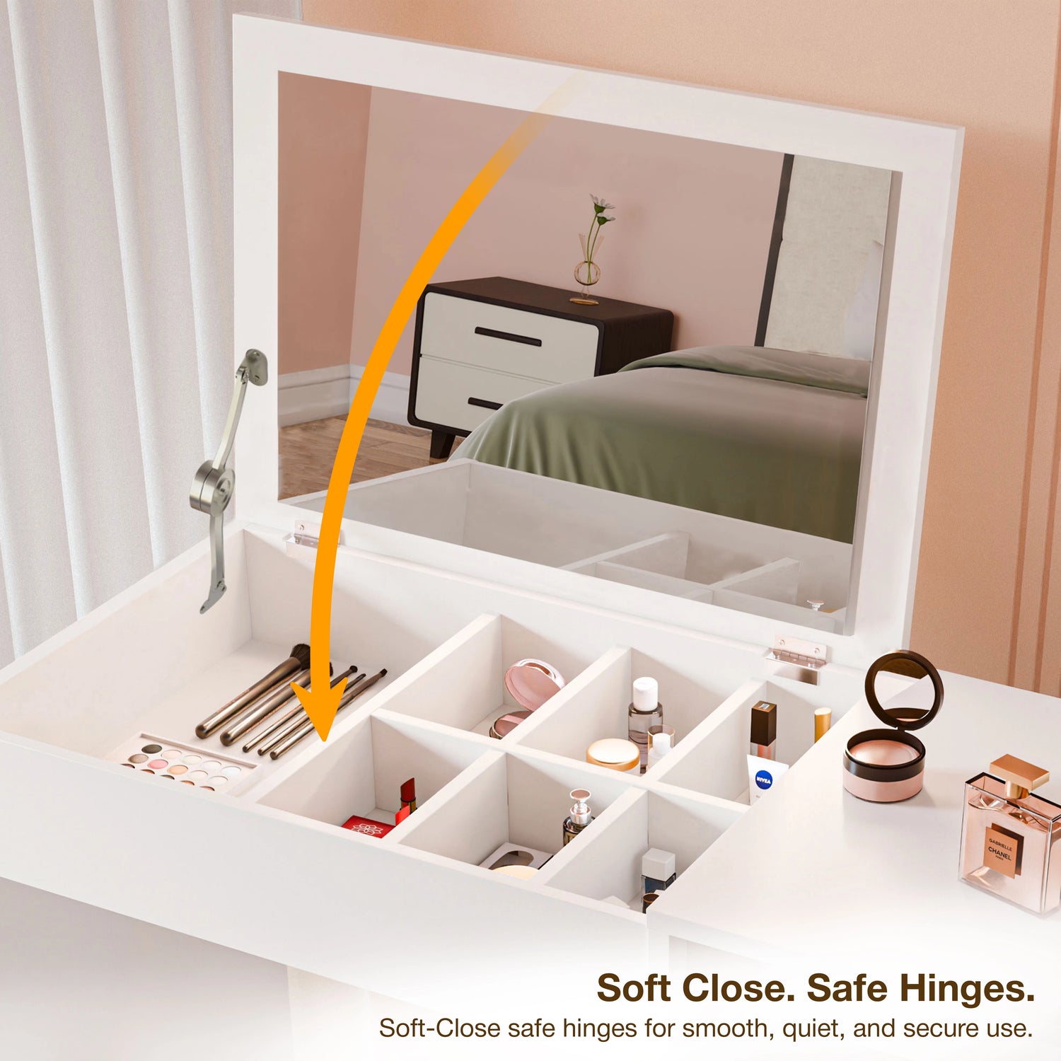 Dressing Table with Mirror and Storage - Makeup Vanity Desk for Girls featuring soft-close hinges and organized compartments for cosmetics and accessories.
