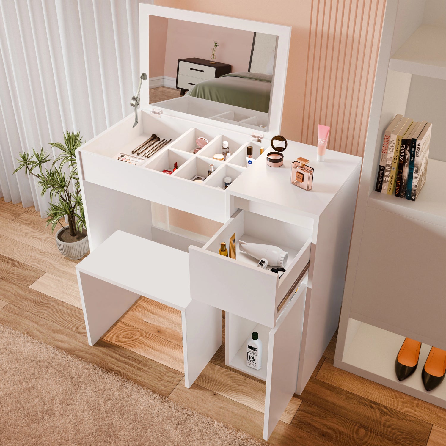 White dressing table with mirror and storage compartments, includes matching stool and drawers, ideal makeup vanity desk for girls by DHS.