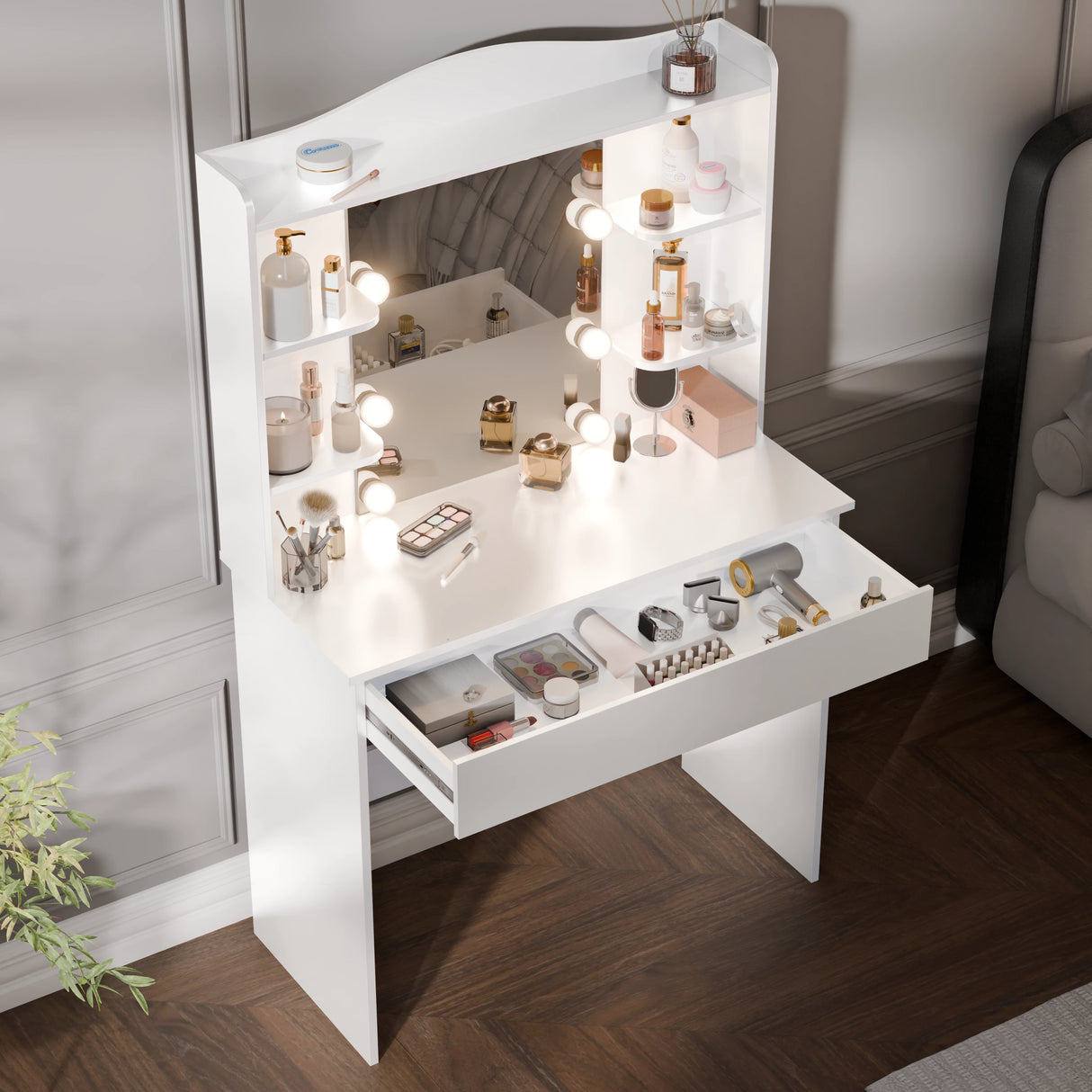 White vanity table with mirror and cosmetic items in a room setting