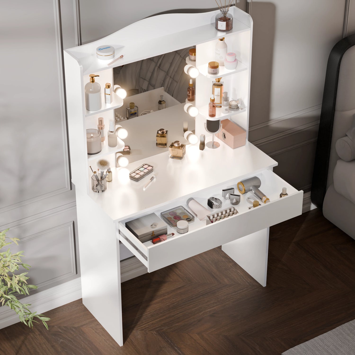 White vanity table with mirror and cosmetic items in a room setting