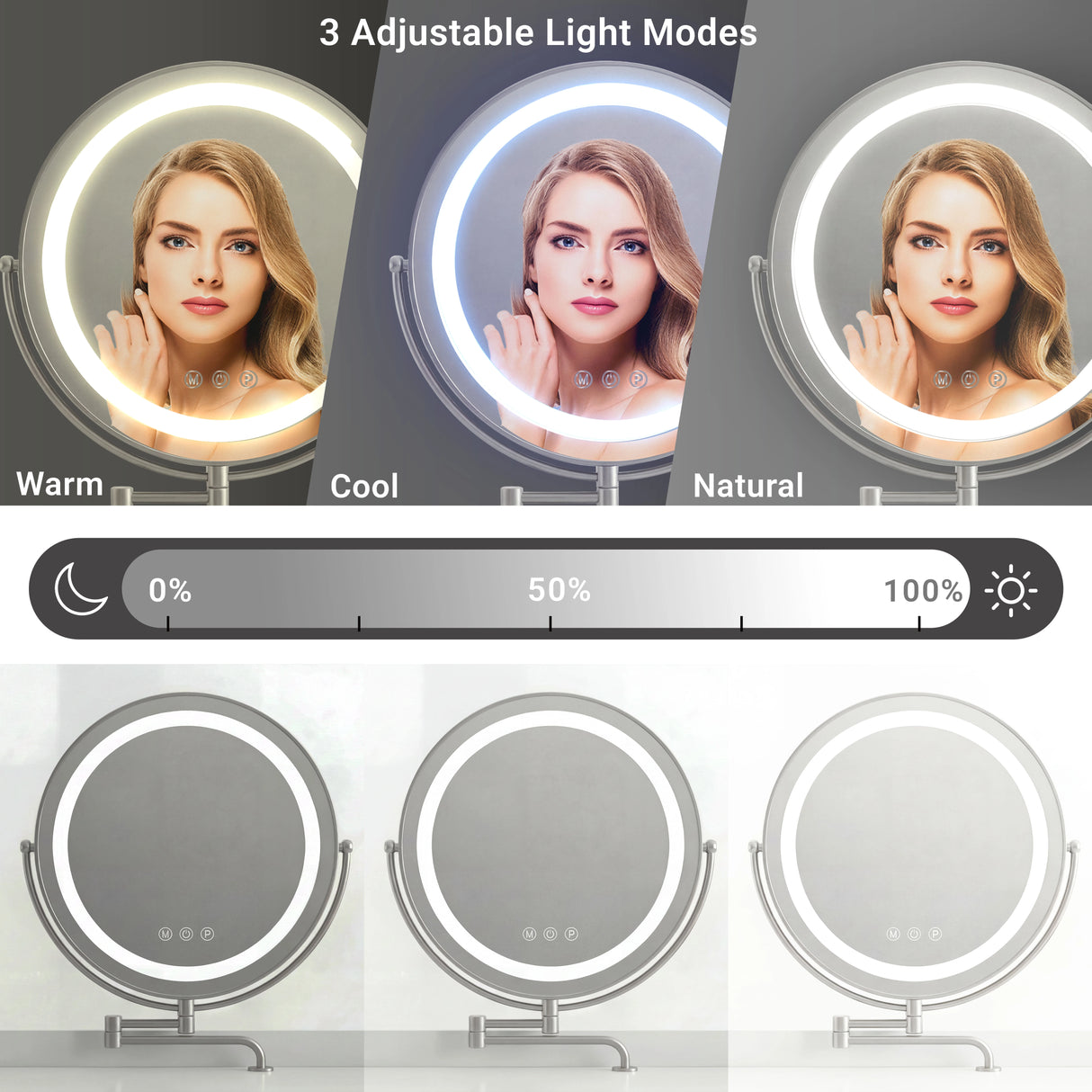 White vanity table with built-in LED lights, showing three different lighting modes with a close-up of a mirror's brightness