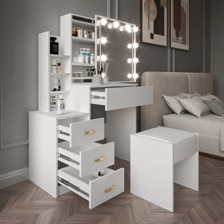White vanity with mirror and drawers in a bedroom setting