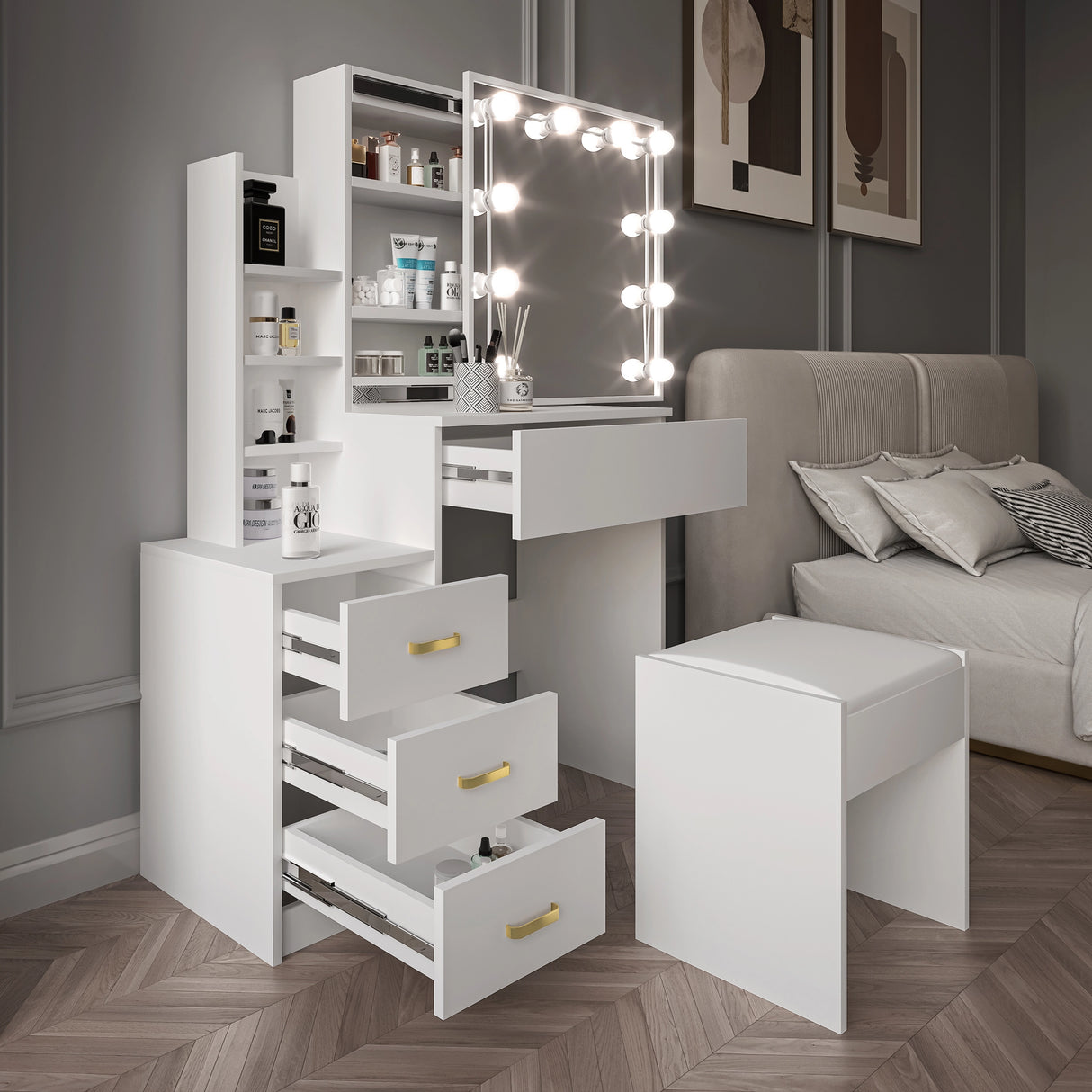 White vanity with mirror and drawers placed besides a cosy bedroom setting with soft lighting