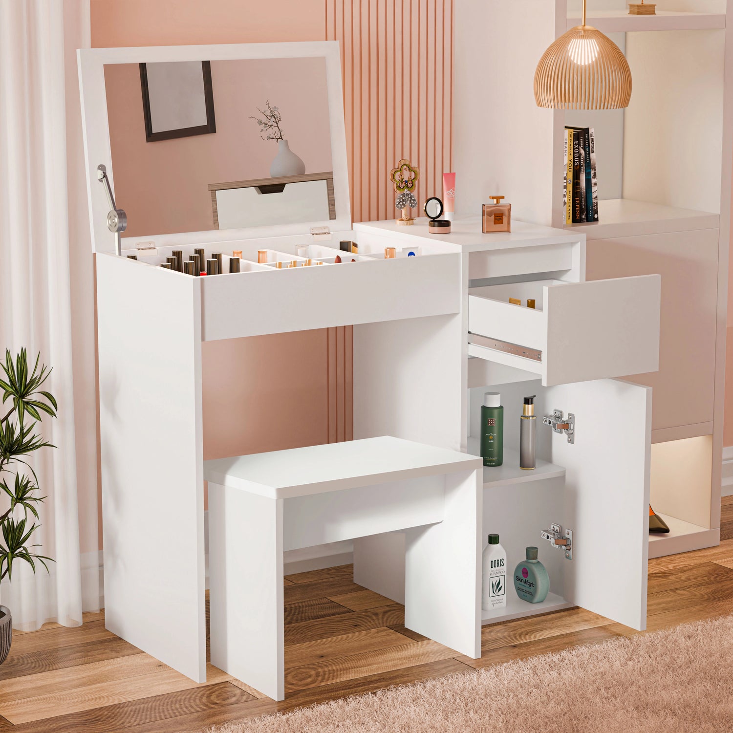 White dressing table with mirror and storage, featuring drawers, shelves, and matching stool. Ideal makeup vanity desk for girls by DHS.