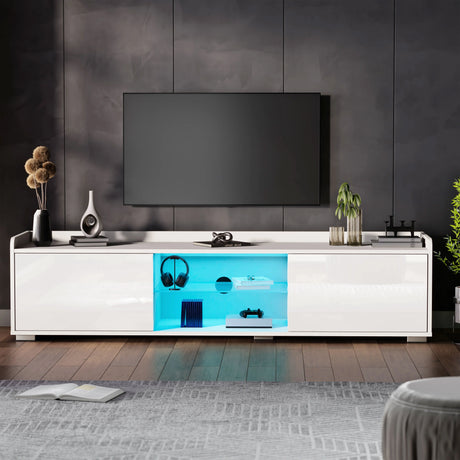 White entertainment console with blue LED lighting in a modern living room.