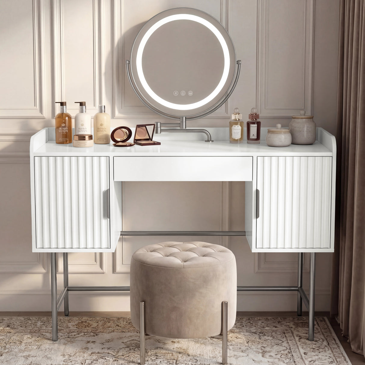 White dressing table with three drawers and a round mirror in flutrina design, placed against a wall in a softly lit room