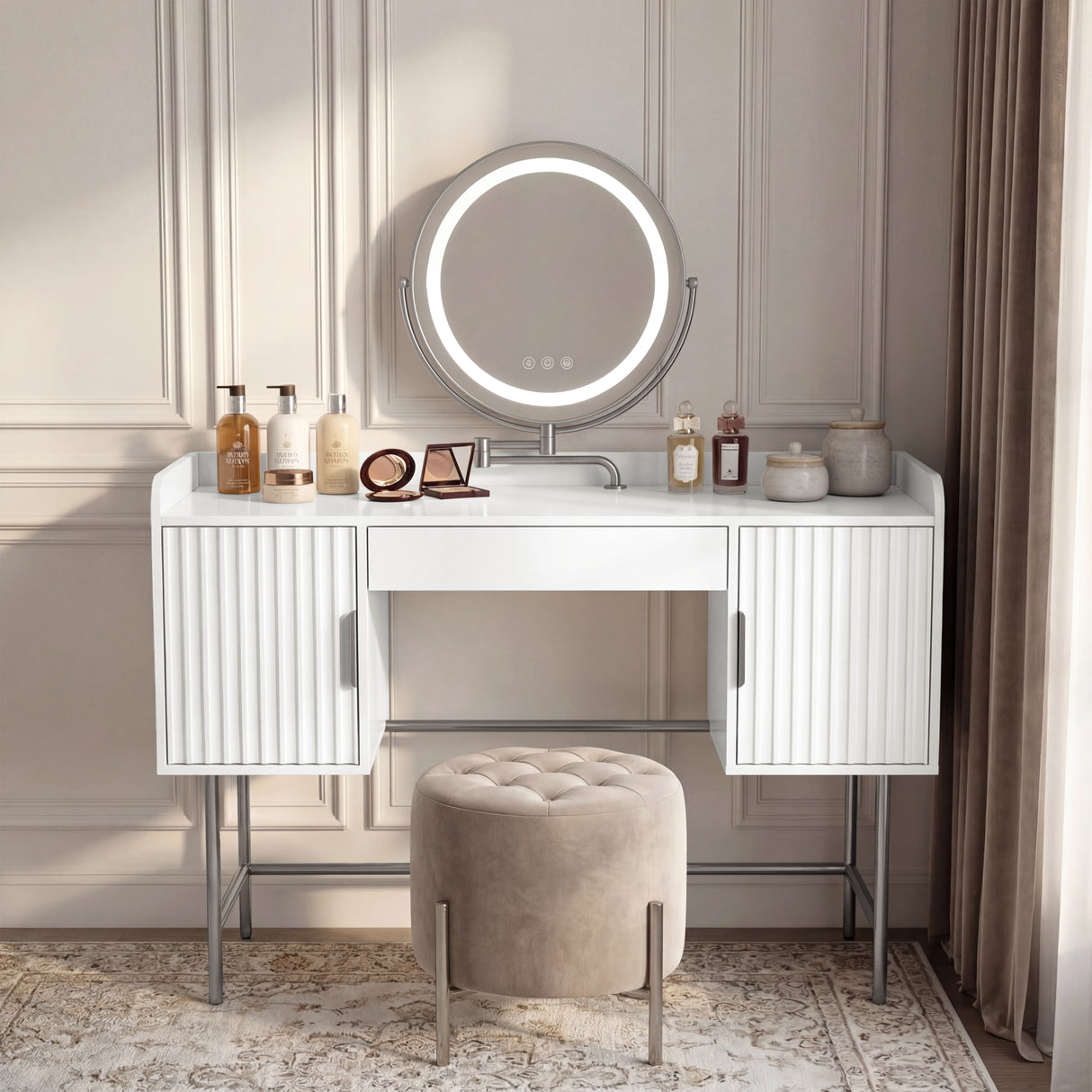 White dressing table with three drawers and a round mirror in flutrina design, placed against a wall in a softly lit room