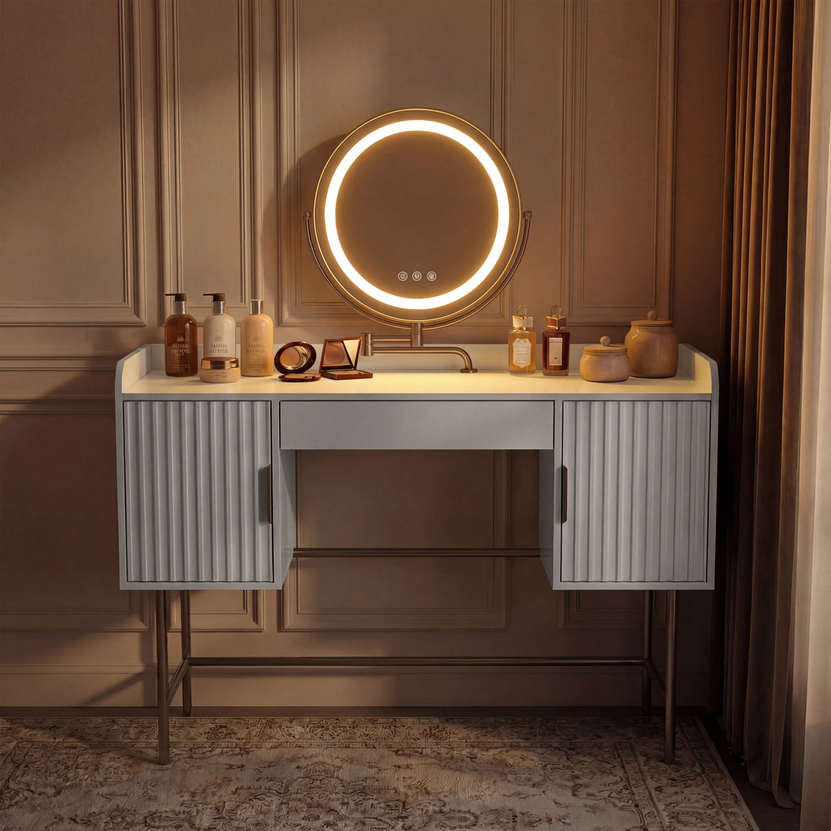 White vanity table with flutrina detailing and an LED round mirror, beautifully designed to enhance the room's ambiance