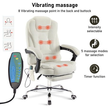 soft and stylish, this white office chair showcases massage function graphics and a close-up of the control remote