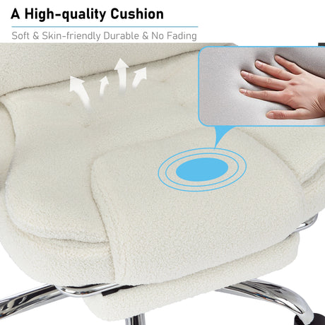 this heated massage office chair in white fur offers warmth, plush seating, and an elegant office-ready look