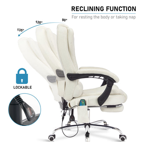 captured in full recline, this white desk chair shows its tilt function and inset shows control knob for easy adjustment